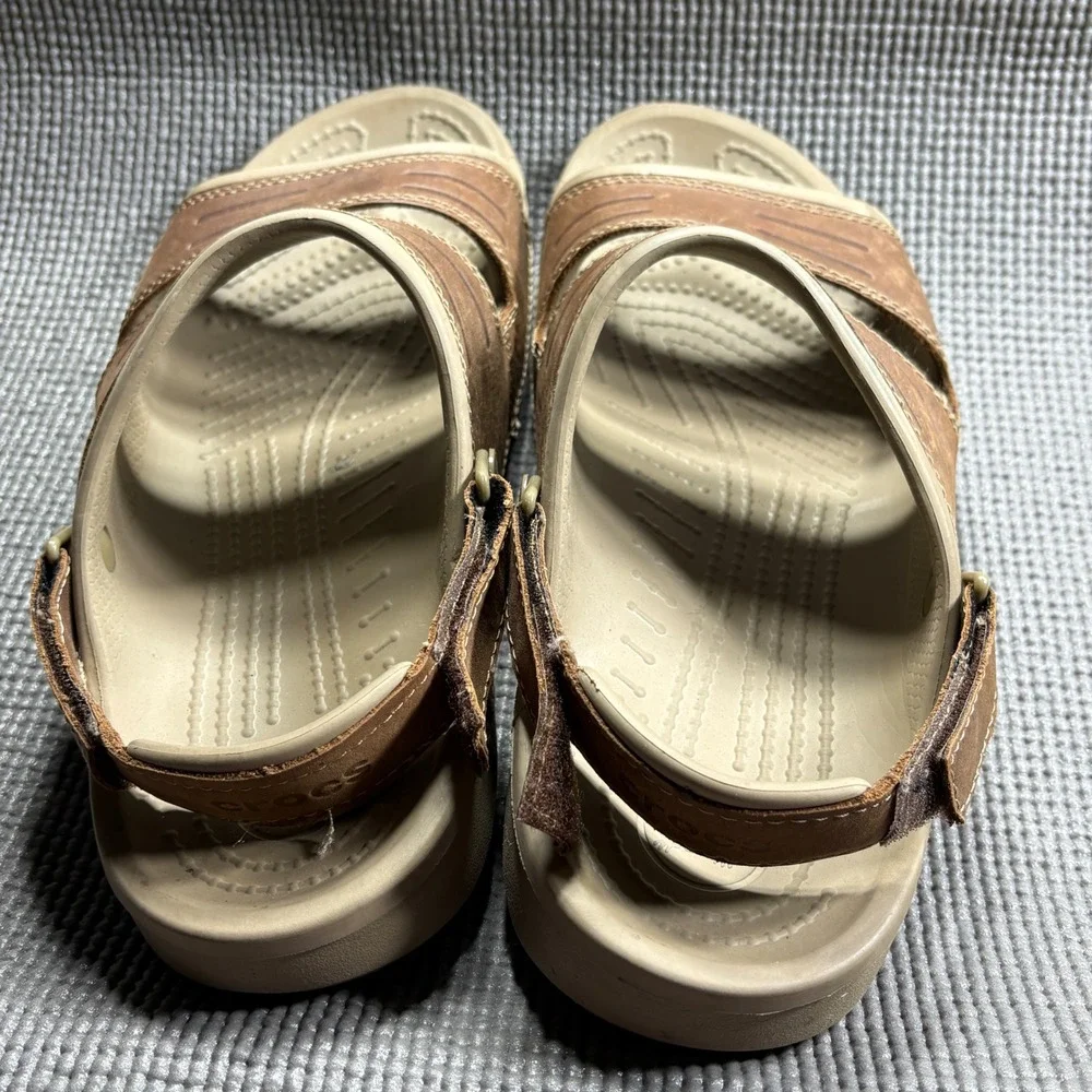 Crocs Sandals Mens 13 Brown Yukon Sport Leather Upper Adjustable Strap Comfort